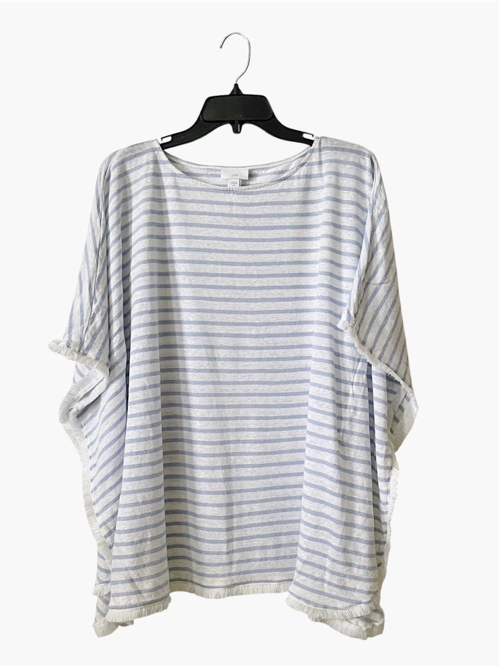 J Jill Linen Poncho Top Women's Size M/L Blue White Stripe Fringe Eyelash Light